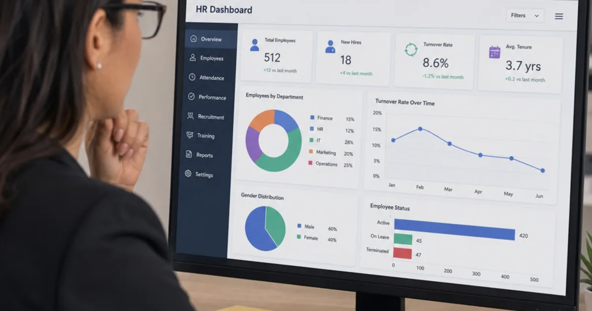 An HR team gathered around a screen showing employee records, leave requests and headcount reports in a single dashboard.