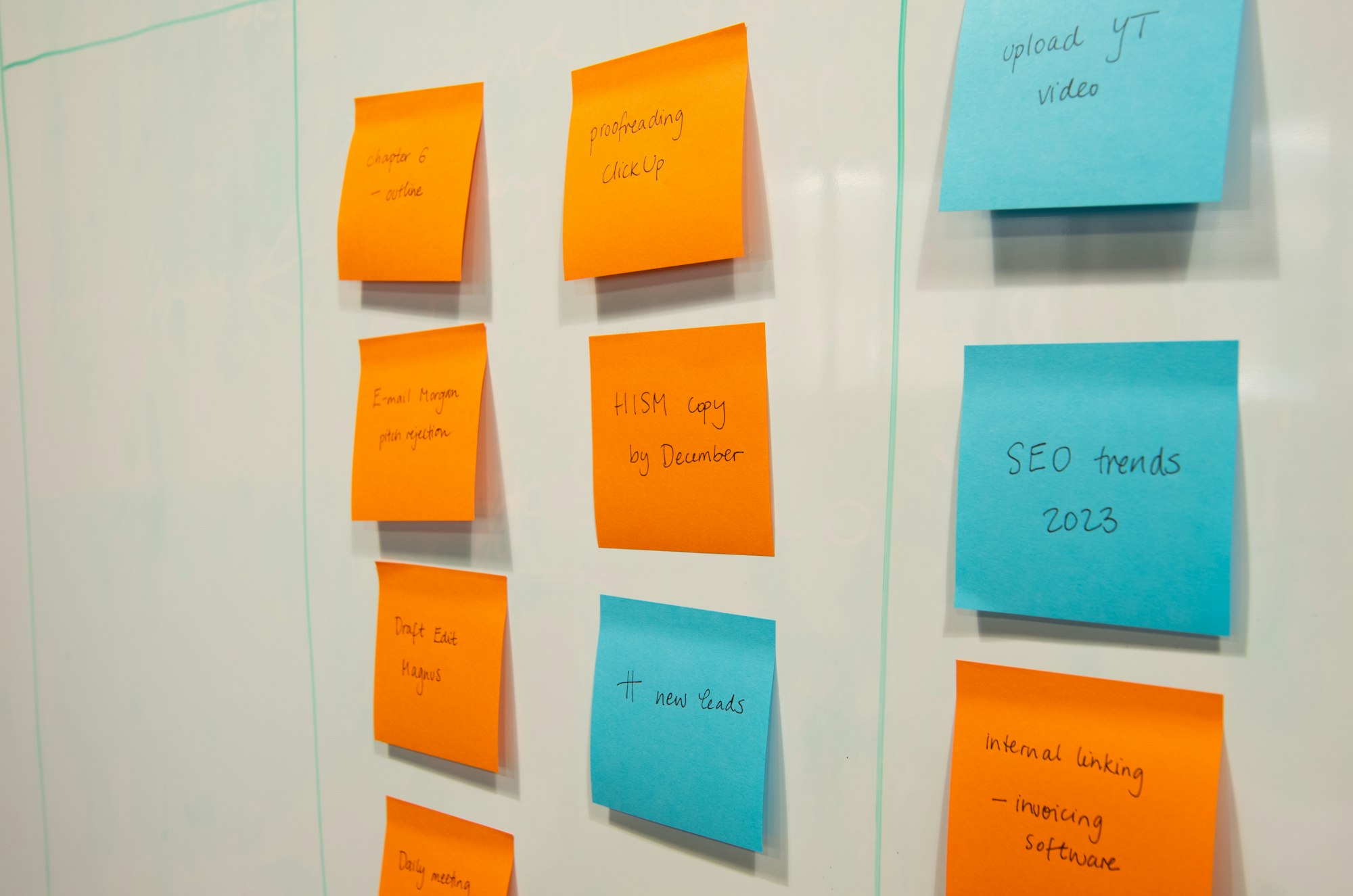 Whiteboard covered in orange and blue sticky notes arranged as task cards for a project plan