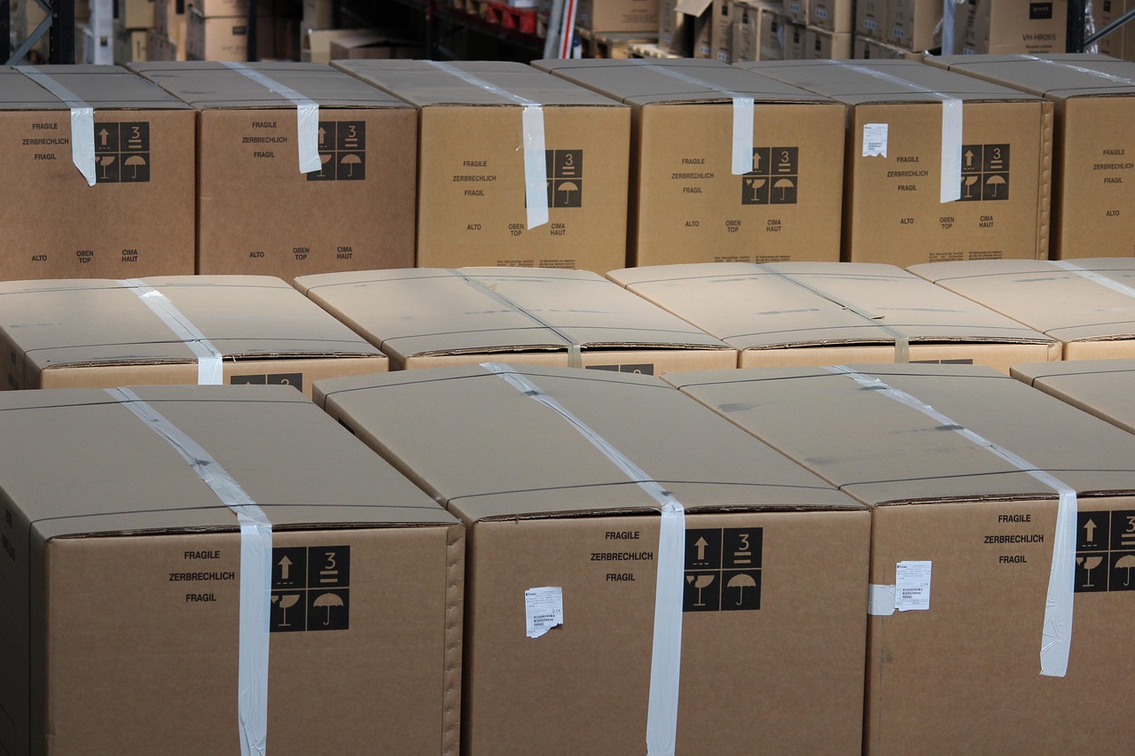 Stacked cardboard boxes in a warehouse