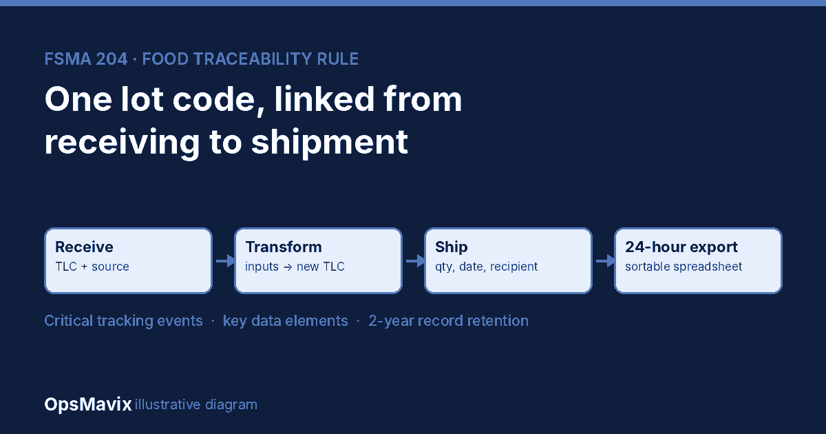 OpsMavix diagram of FSMA 204 lot traceability: receive, transform, ship and a 24-hour sortable spreadsheet export.