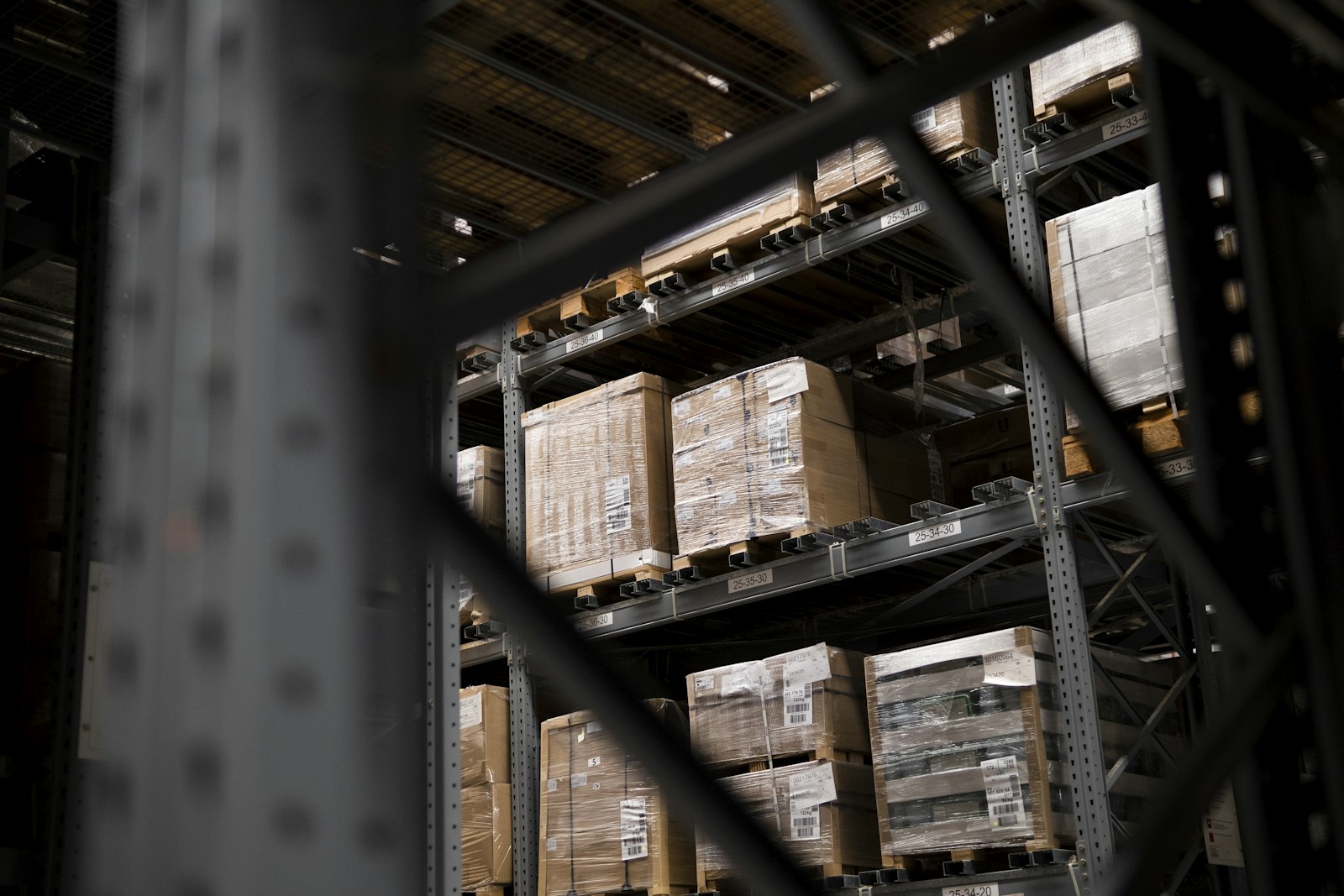 Warehouse interior with stacked boxes and pallets waiting to be booked in