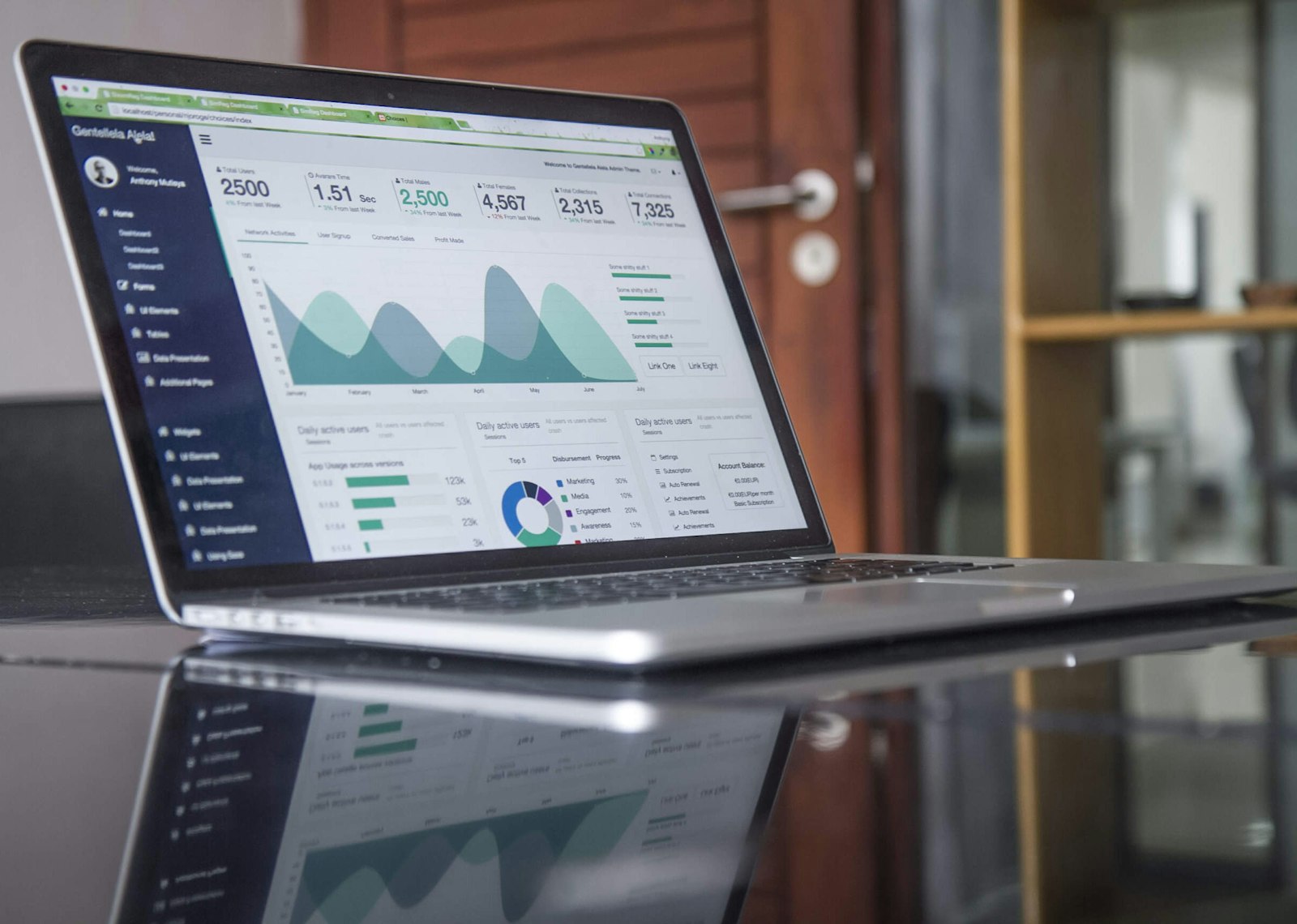 Laptop on a glass table showing sales statistics charts