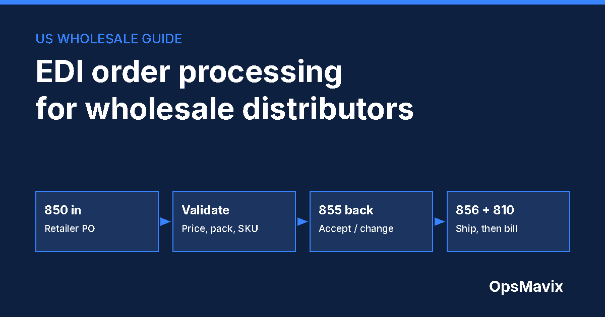 Diagram of US wholesale EDI order processing: 850 purchase order in, validation, 855 acknowledgment, then 856 ship notice and 810 invoice